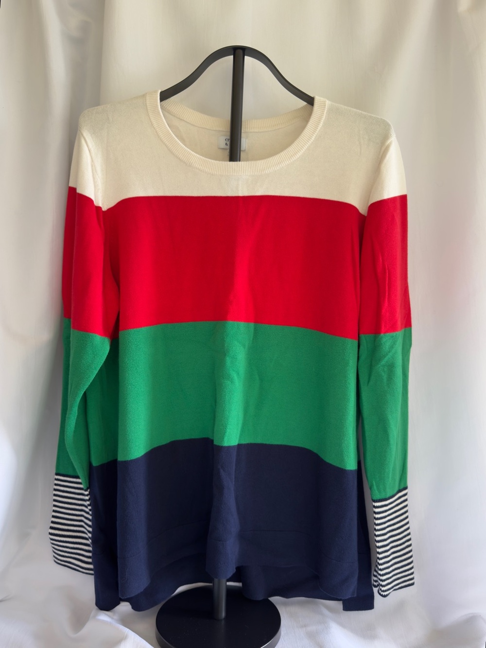 Crown & Ivy Striped Colorblock Crewneck Sweater - Red, Green, Navy, Cream XXL